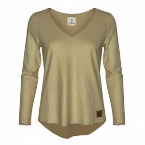 Tribe Kelley Faux Suede Tan Long Sleeve High Low V-Neck Top